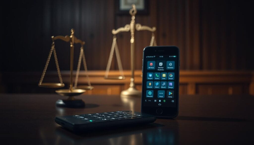 A darkened courtroom setting, the scales of justice prominently displayed on a wooden table. In the foreground, a smartphone displays an IPTV interface, its icons and menus casting an ethereal glow across the scene. Shadows loom ominously, hinting at the legal risks associated with unauthorized IPTV services. Soft, dramatic lighting casts a somber mood, emphasizing the gravity of the situation. The background is blurred, focusing the viewer's attention on the central conflict between the technology and the judicial system. A sense of tension and unease permeates the image, reflecting the precarious legal landscape surrounding IPTV in Canada.