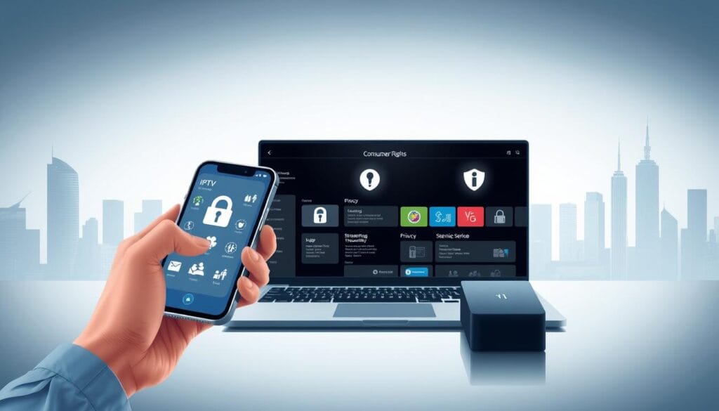 Detailed digital illustration of an IPTV consumer rights and streaming safety concept. The foreground shows a person's hands interacting with a smartphone displaying IPTV-related security icons and symbols. The middle ground features an open laptop displaying streaming service interfaces with emphasis on privacy and security features. The background depicts a minimalist cityscape with architectural elements, suggesting a modern, urban setting. The lighting is soft and indirect, creating a calming, professional atmosphere. The overall composition conveys a sense of digital security, consumer empowerment, and responsible technology usage.